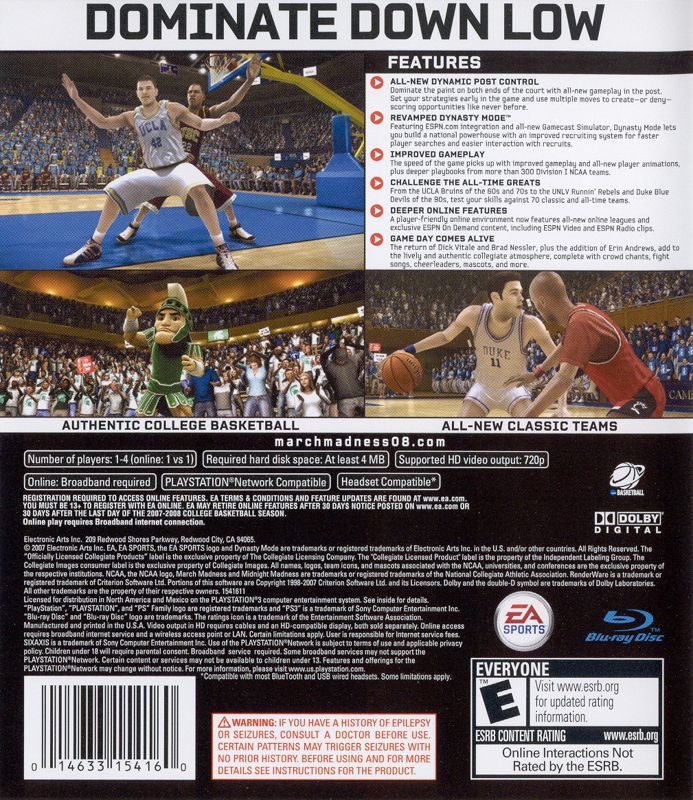 NCAA March Madness 08 | PlayStation 3 | back cover | Data by MobyGames.com