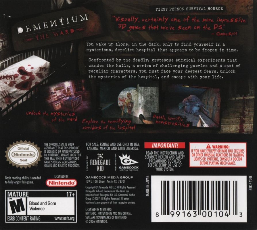 
Dementium: The Ward | Nintendo DS | back cover | Data by MobyGames.com