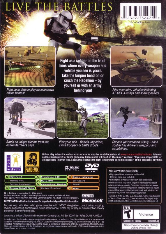 Star Wars: Battlefront | Xbox | back cover | region=North America | source-country=United States | zypher-v2 | moby-a07da1e129d1 | Data by MobyGames.com