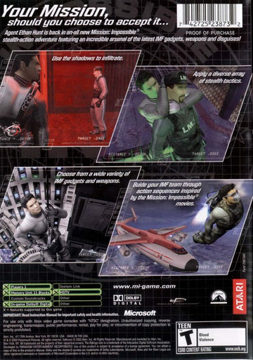Mission: Impossible - Operation Surma | Xbox | back cover | region=North America | source-country=Canada,United States | zypher-v2 | moby-2c77d8f66b62 | Data by MobyGames.com