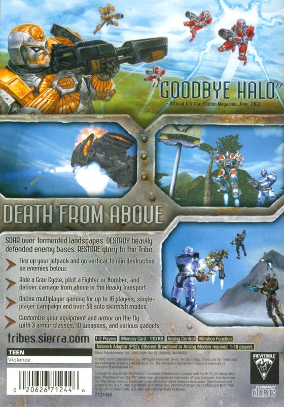 Tribes: Aerial Assault | PlayStation 2 | back cover | Region: North America | source-country=Canada,United States | Data by MobyGames.com