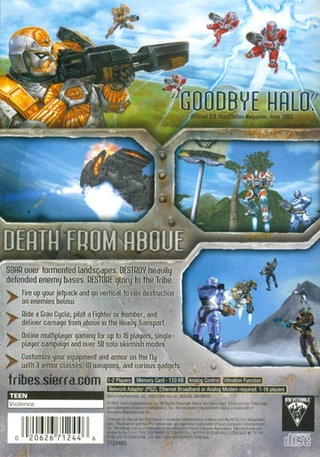 
Tribes: Aerial Assault | PlayStation 2 | back cover | Region: North America | source-country=Canada,United States | Data by MobyGames.com