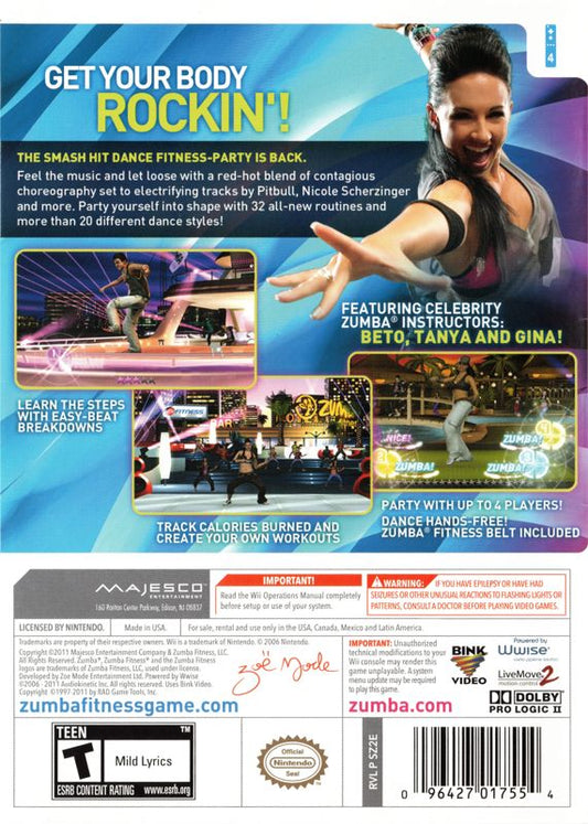 Zumba Fitness 2 | Wii | back cover | region=North America | source-country=United States | zypher-v2 | moby-2f0d42b78fa5 | Data by MobyGames.com
