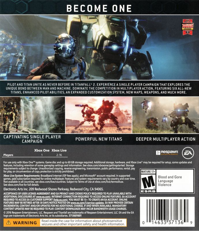 Titanfall 2 | Xbox One | back cover | region=North America | source-country=United States | zypher-v2 | moby-b31fa5bc1a7a | Data by MobyGames.com