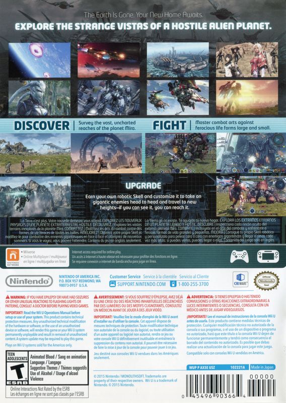 Xenoblade Chronicles X | Wii U | back cover | region=North America | source-country=Canada,United States | zypher-v2 | moby-22254a23aae6 | Data by MobyGames.com