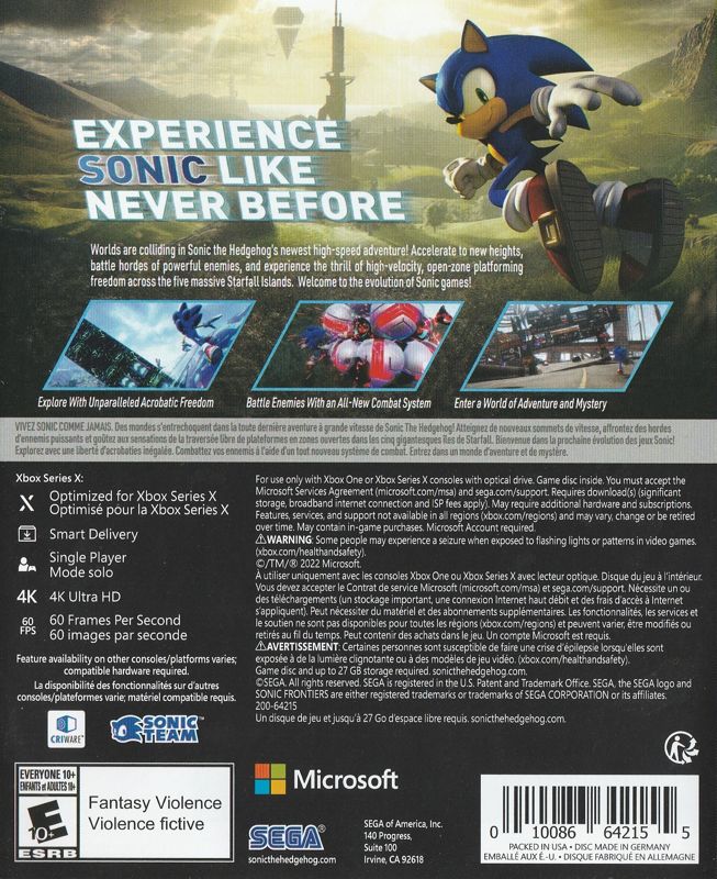 Sonic Frontiers | Xbox Series | back cover | Data by MobyGames.com