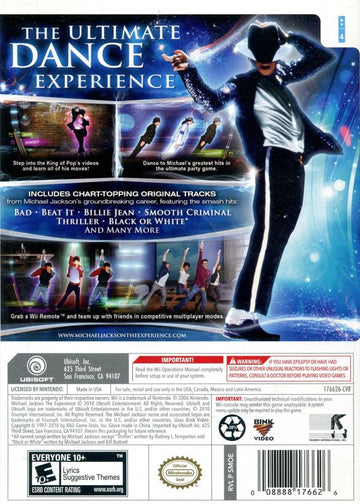 
Michael Jackson: The Experience | Wii | back cover | Region: North America | source-country=United States | Data by MobyGames.com
