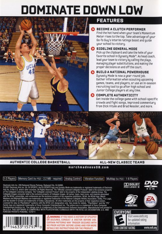 NCAA March Madness 08 | PlayStation 2 | back cover | region=North America | source-country=United States | zypher-v2 | moby-459eeddea076 | Data by MobyGames.com