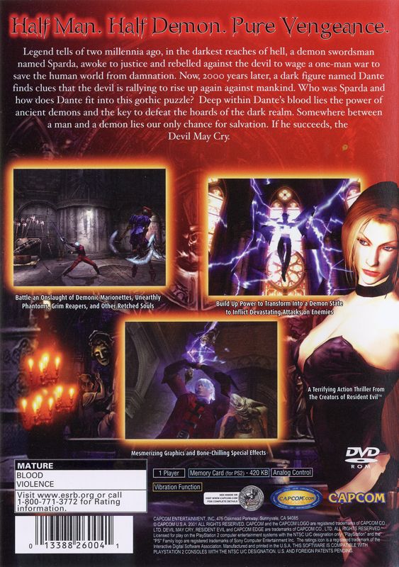 
Devil May Cry | PlayStation 2 | back cover | Region: North America | source-country=Canada,United States | Data by MobyGames.com