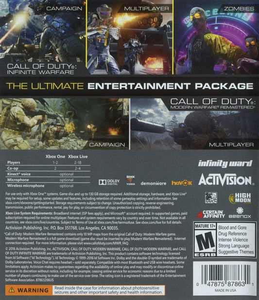 
Call of Duty: Infinite Warfare (Legacy Edition) | Xbox One | back cover | Region: North America | source-country=Canada,United States | Data by MobyGames.com