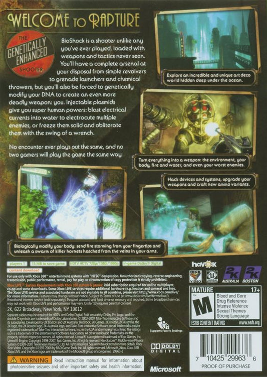 BioShock | Xbox 360 | back cover | region=North America | source-country=United States | zypher-v2 | moby-cb2cba48c65e | Data by MobyGames.com