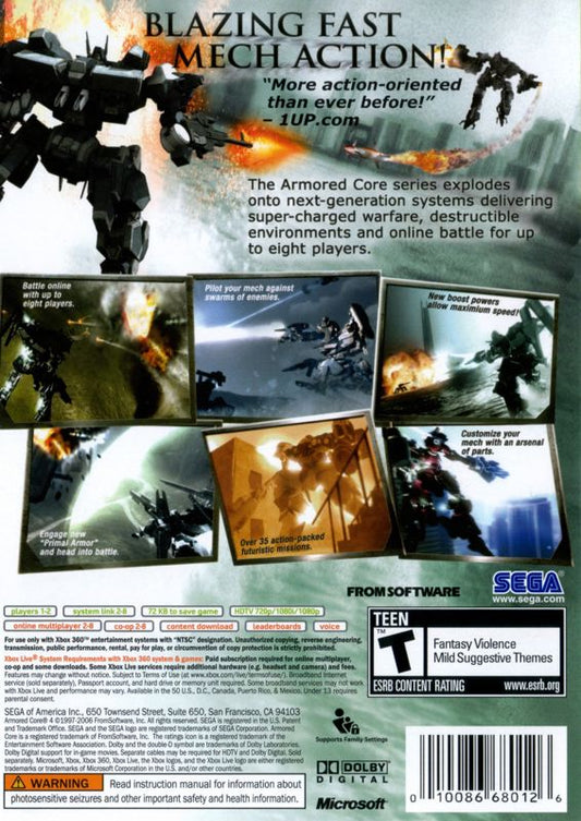 Armored Core 4 | Xbox 360 | back cover | region=North America | source-country=Canada,Mexico,Other,United States | zypher-v2 | moby-c22fca65e037 | Data by MobyGames.com