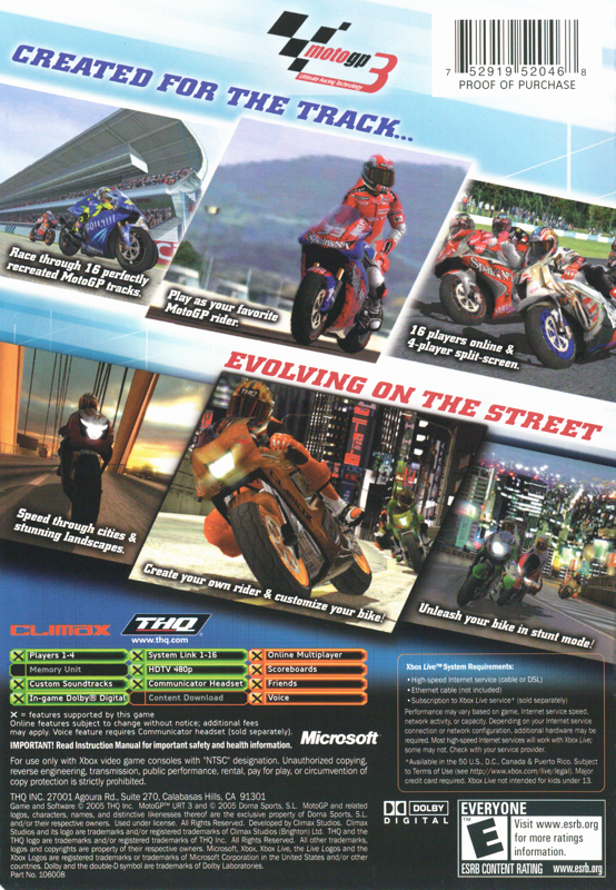
MotoGP: Ultimate Racing Technology 3 | Xbox | back cover | Data by MobyGames.com