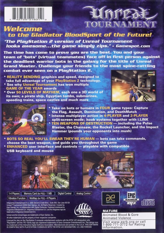 Unreal Tournament | PlayStation 2 | back cover | Region: North America | source-country=Canada,United States | Data by MobyGames.com