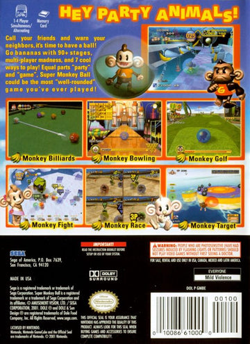 Super Monkey Ball | GameCube | back cover | region=North America | source-country=Canada,Mexico,Other,United States | zypher-v2 | moby-d1e9ee60b441 | Data by MobyGames.com
