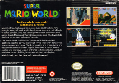 
Super Mario World | SNES | back cover | Data by MobyGames.com