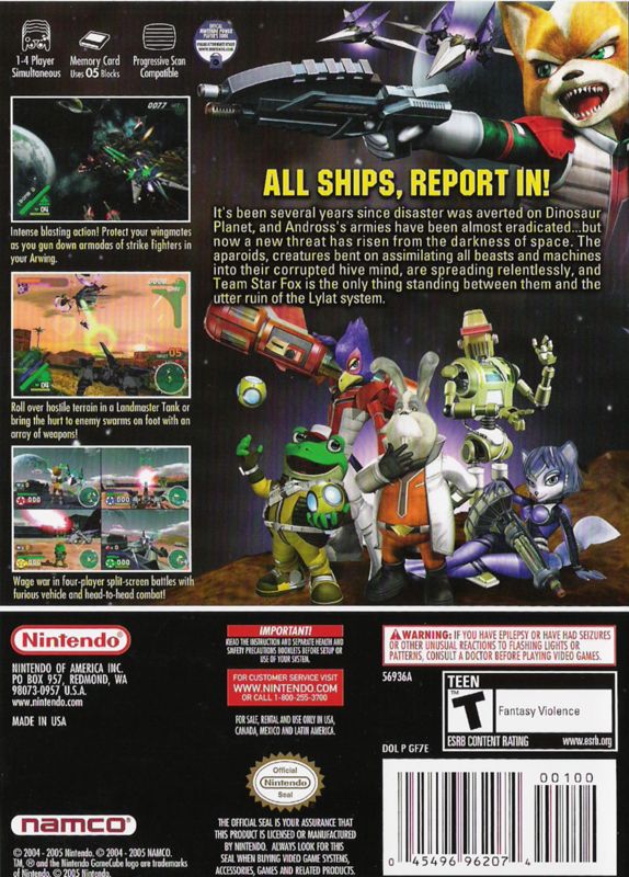 Star Fox Assault | GameCube | back cover | region=North America | source-country=Canada,Mexico,Other,United States | zypher-v2 | moby-5cc6d5e16287 | Data by MobyGames.com