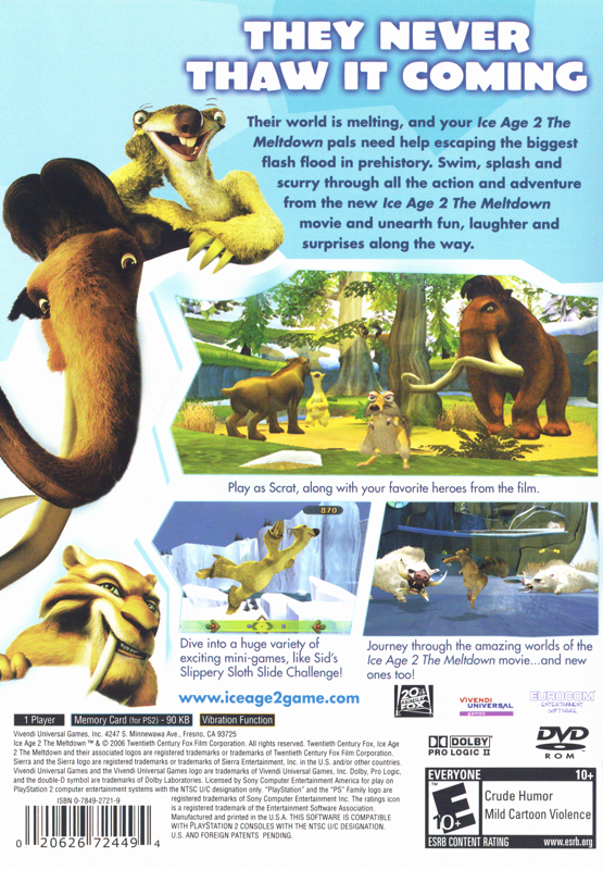 Ice Age 2: The Meltdown | PlayStation 2 | back cover | region=North America | source-country=United States | zypher-v2 | moby-753230c44126 | Data by MobyGames.com
