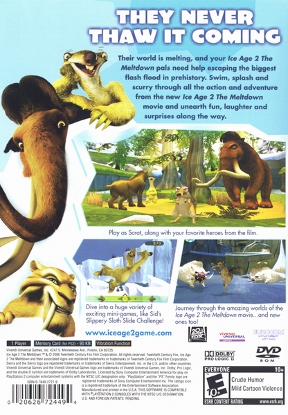 Ice Age 2: The Meltdown | PlayStation 2 | back cover | region=North America | source-country=United States | zypher-v2 | moby-753230c44126 | Data by MobyGames.com