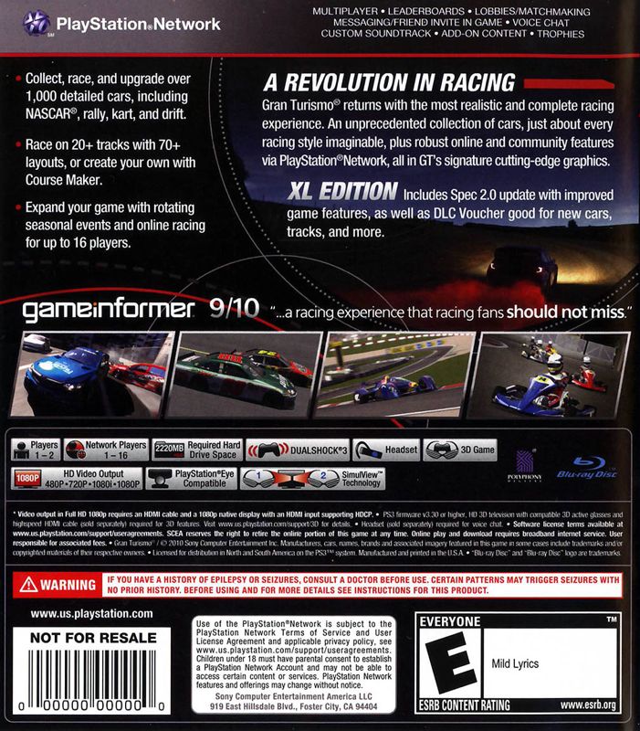 Gran Turismo 5: XL Edition | PlayStation 3 | back cover | Data by MobyGames.com