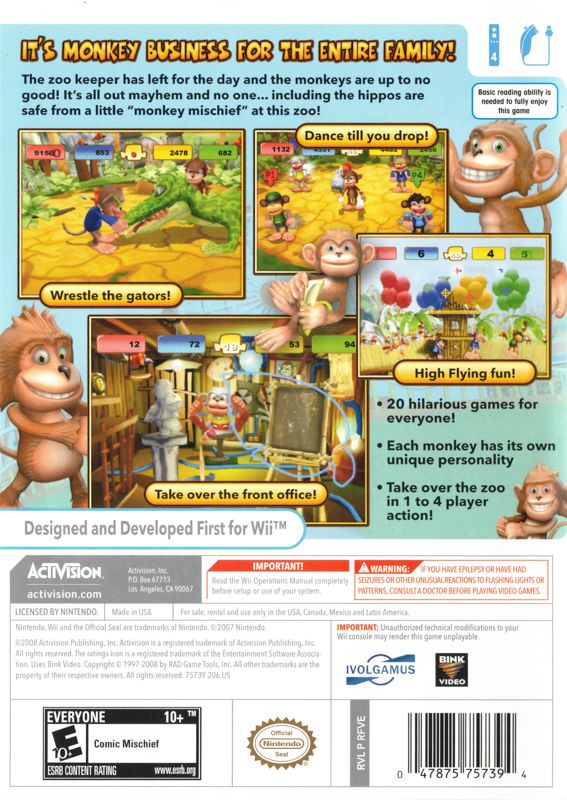 Monkey Mischief!: Party Time | Wii | back cover | region=North America | source-country=United States | zypher-v2 | moby-06afda2d8360 | Data by MobyGames.com