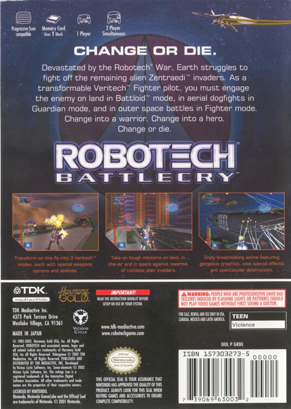 Robotech: Battlecry | GameCube | back cover | Data by MobyGames.com