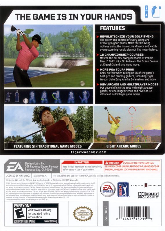 Tiger Woods PGA Tour 07 | Wii | back cover | region=North America | source-country=Canada,Mexico,Other,United States | zypher-v2 | moby-f8793528e36f | Data by MobyGames.com