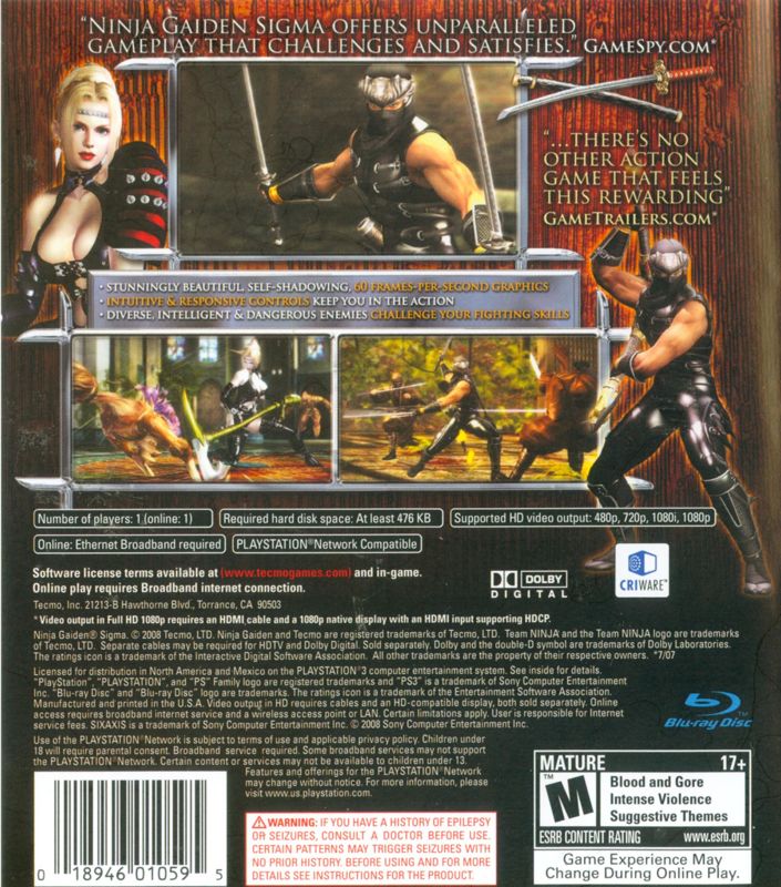 Ninja Gaiden Sigma | PlayStation 3 | back cover | region=North America | source-country=United States | zypher-v2 | moby-7a8a0f51658e | Data by MobyGames.com