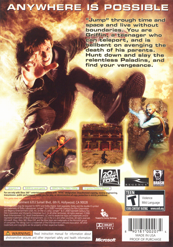 Jumper: Griffin's Story | Xbox 360 | back cover | region=North America | source-country=United States | zypher-v2 | moby-73bf840d9ce9 | Data by MobyGames.com