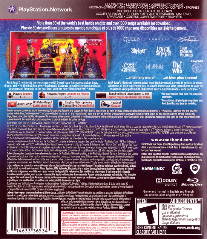 
Rock Band 3 | PlayStation 3 | back cover | Region: North America | source-country=Canada | Data by MobyGames.com