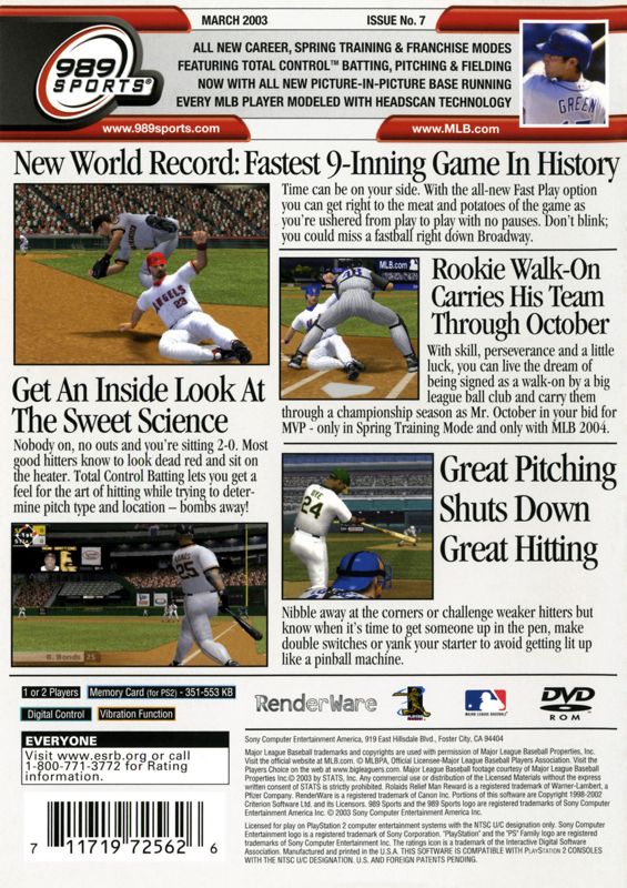 MLB 2004 | PlayStation 2 | back cover | Region: North America | source-country=Canada,United States | Data by MobyGames.com