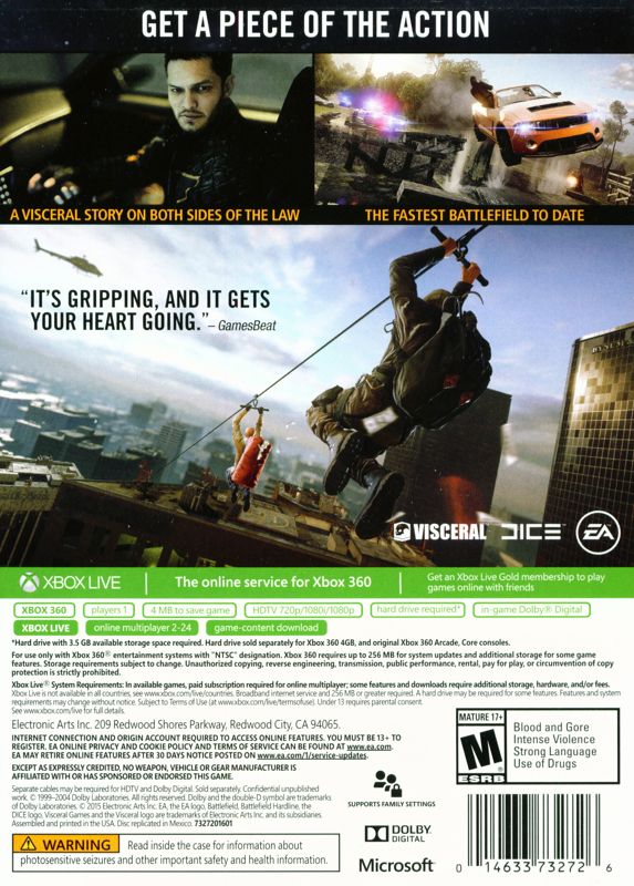 Battlefield: Hardline | Xbox 360 | back cover | Region: North America | source-country=Canada,United States | Data by MobyGames.com