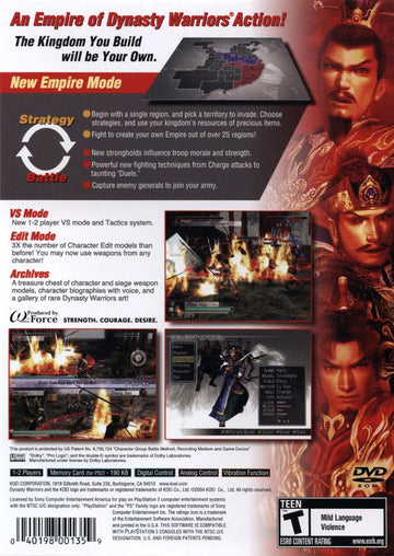 Dynasty Warriors 4: Empires | PlayStation 2 | back cover | region=North America | source-country=Canada,United States | zypher-v2 | moby-f0d5b88c3ac4 | Data by MobyGames.com