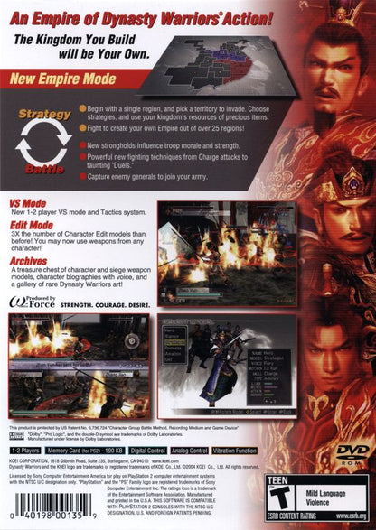 Dynasty Warriors 4: Empires | PlayStation 2 | back cover | region=North America | source-country=Canada,United States | zypher-v2 | moby-f0d5b88c3ac4 | Data by MobyGames.com