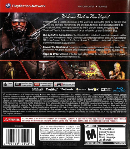 Fallout: New Vegas - Ultimate Edition | PlayStation 3 | back cover | region=North America | source-country=United States | zypher-v2 | moby-0759e91c2b65 | Data by MobyGames.com
