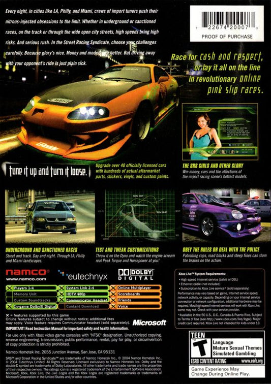 
SRS: Street Racing Syndicate | Xbox | back cover | Data by MobyGames.com