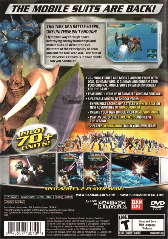 Mobile Suit Gundam: Encounters in Space | PlayStation 2 | back cover | region=North America | source-country=United States | zypher-v2 | moby-6a599ccd975f | Data by MobyGames.com