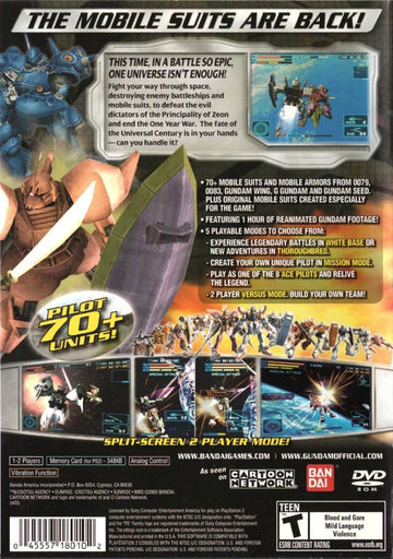 Mobile Suit Gundam: Encounters in Space | PlayStation 2 | back cover | region=North America | source-country=United States | zypher-v2 | moby-6a599ccd975f | Data by MobyGames.com
