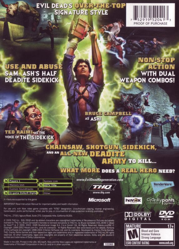 Evil Dead: Regeneration | Xbox | back cover | Region: North America | source-country=United States | Data by MobyGames.com