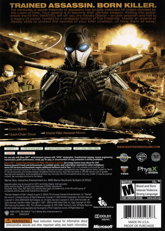 
Wanted: Weapons of Fate | Xbox 360 | back cover | Region: North America | source-country=United States | Data by MobyGames.com