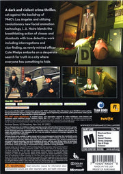 L.A. Noire | Xbox 360 | back cover | region=North America | source-country=United States | zypher-v2 | moby-493926016bfc | Data by MobyGames.com