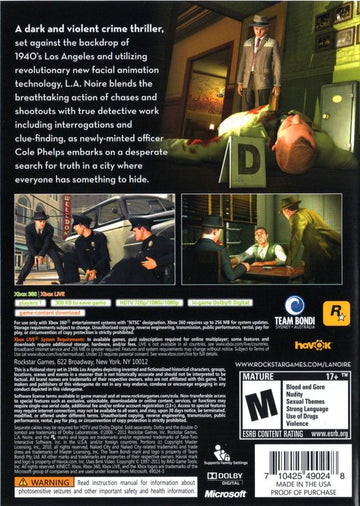L.A. Noire | Xbox 360 | back cover | region=North America | source-country=United States | zypher-v2 | moby-493926016bfc | Data by MobyGames.com
