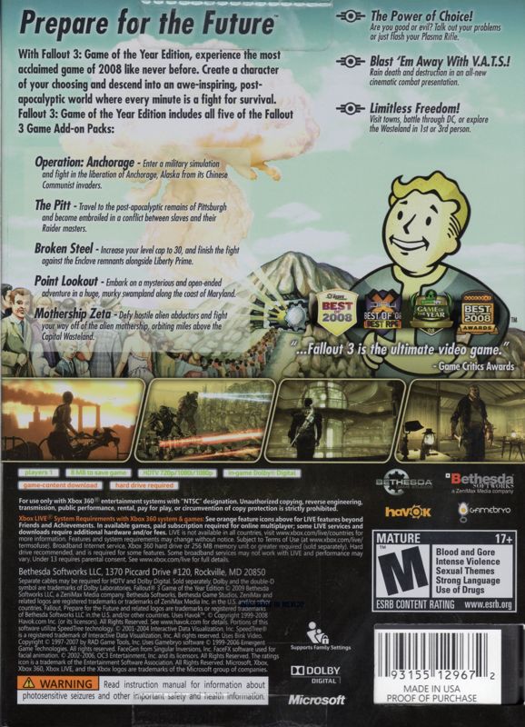 Fallout 3: Game of the Year Edition | Xbox 360 | back cover | region=North America | source-country=Canada,Mexico,United States | zypher-v2 | moby-a7eb3d8ac57a | Data by MobyGames.com