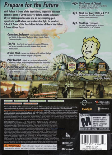 Fallout 3: Game of the Year Edition | Xbox 360 | back cover | region=North America | source-country=Canada,Mexico,United States | zypher-v2 | moby-a7eb3d8ac57a | Data by MobyGames.com