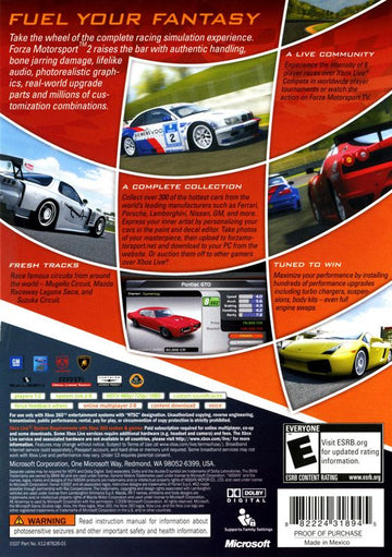 Forza Motorsport 2 | Xbox 360 | back cover | region=North America | source-country=United States | zypher-v2 | moby-9a1ef6afd6bd | Data by MobyGames.com