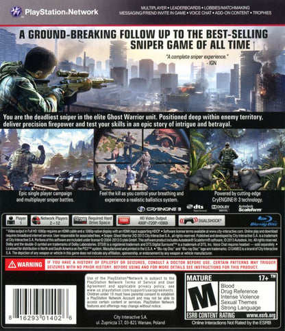 Sniper: Ghost Warrior 2 | PlayStation 3 | back cover | region=North America | source-country=United States | zypher-v2 | moby-a6fc5a2f3601 | Data by MobyGames.com