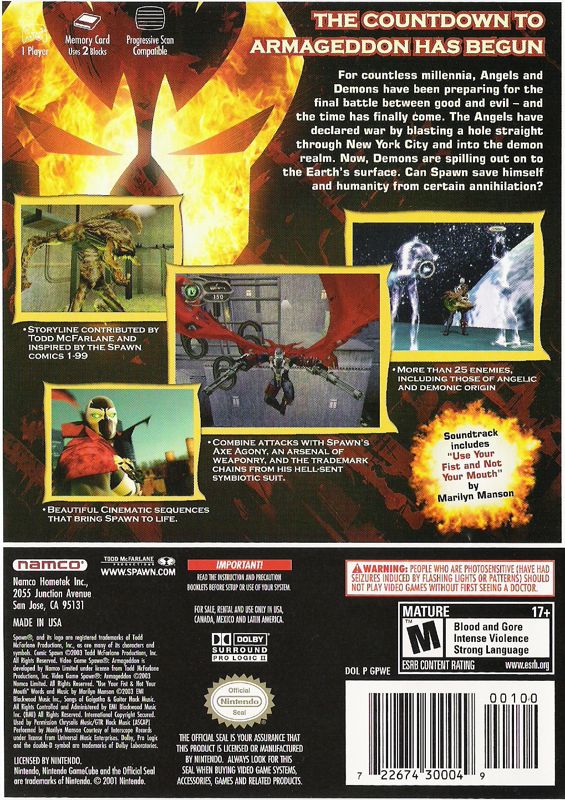 Spawn: Armageddon | GameCube | back cover | region=North America | source-country=Canada,Mexico,Other,United States | zypher-v2 | moby-d32da35f2db4 | Data by MobyGames.com