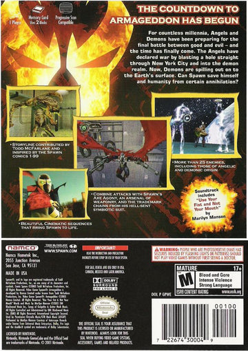 Spawn: Armageddon | GameCube | back cover | region=North America | source-country=Canada,Mexico,Other,United States | zypher-v2 | moby-d32da35f2db4 | Data by MobyGames.com
