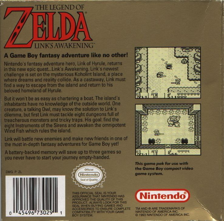The Legend of Zelda: Link's Awakening | Game Boy | back cover | region=North America | source-country=United States | zypher-v2 | moby-0b273c094a3e | Data by MobyGames.com
