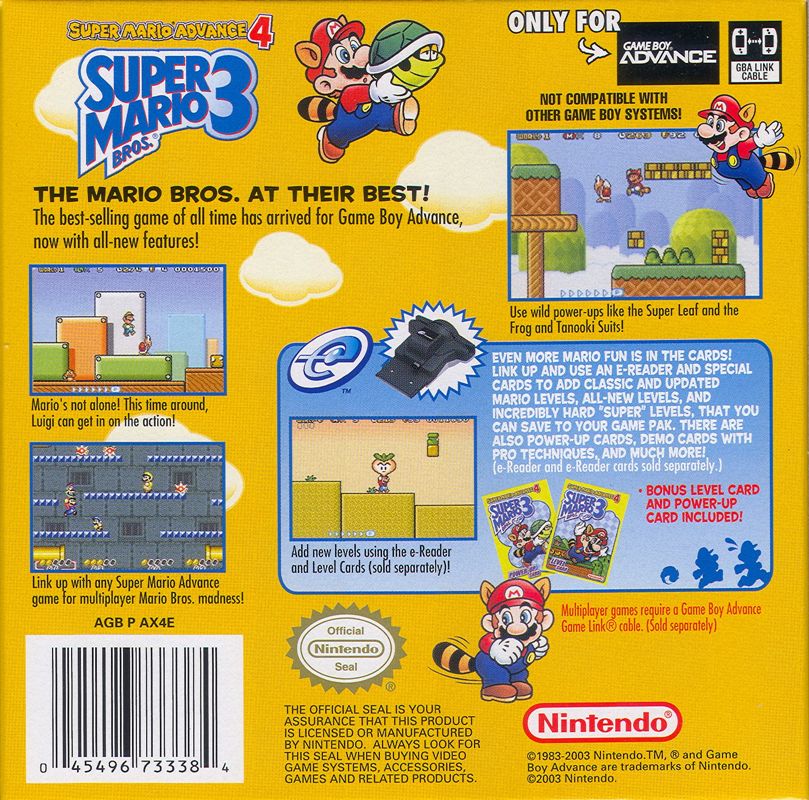 
Super Mario Advance 4: Super Mario Bros. 3 | Game Boy Advance | back cover | Data by MobyGames.com